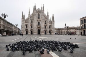 人出の無いミラノ大聖堂広場に集まるハト