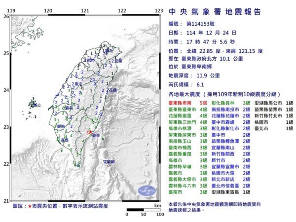 台湾・台東でM6.1地震　各地で震度5弱