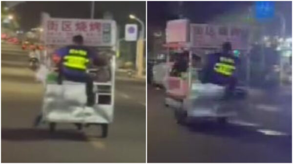 中国 路上で命がけの攻防 全速で逃げる三輪屋台としがみつく「城管」