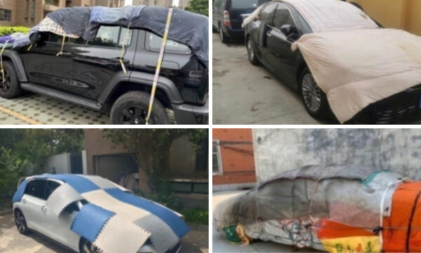 巨大ひょう襲来　車がお布団をかぶる中国の夏